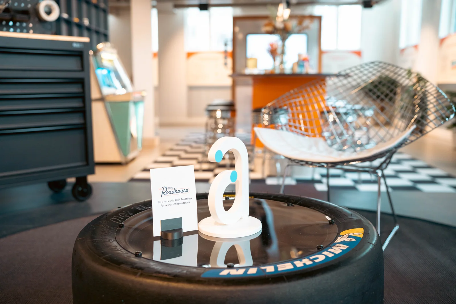 A display built on a tyre, with a model car