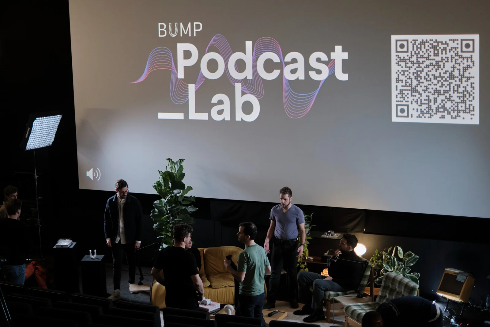 The Podcast Lab title card on the Cinematek screen